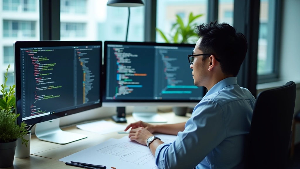 Modern workspace with frontend development tools and design sketches for CSS Grid layouts